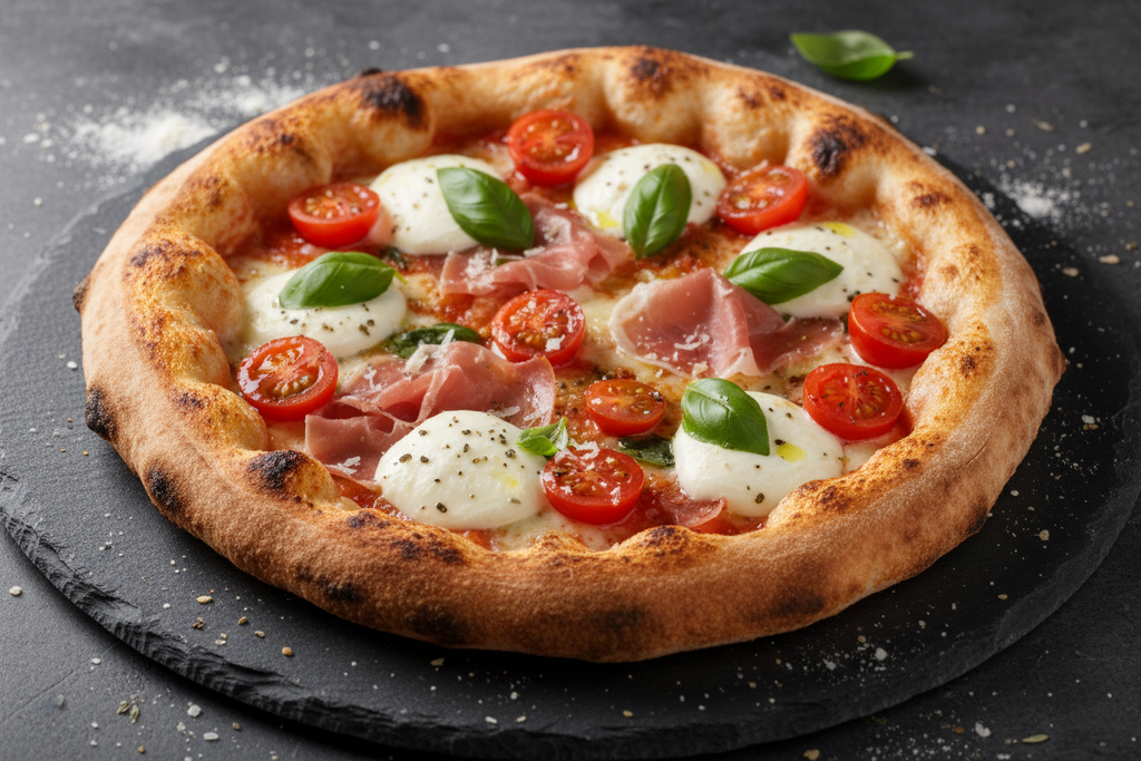 Artisan Sourdough Pizza On black slate background